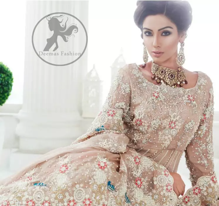 Pakistani Bridal Dress 2017 - Light Fawn Back Trail Frock - Peach Jamawar Lehenga