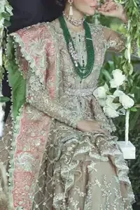 Fawn short length peplum made with net having embellished belt on waist. Large embellished border having peach appliqued on dupatta. Dupatta is adorned with rectangular shapes of embellishment small motifs all over it. Fitted lehenga having extra layer above the knees.