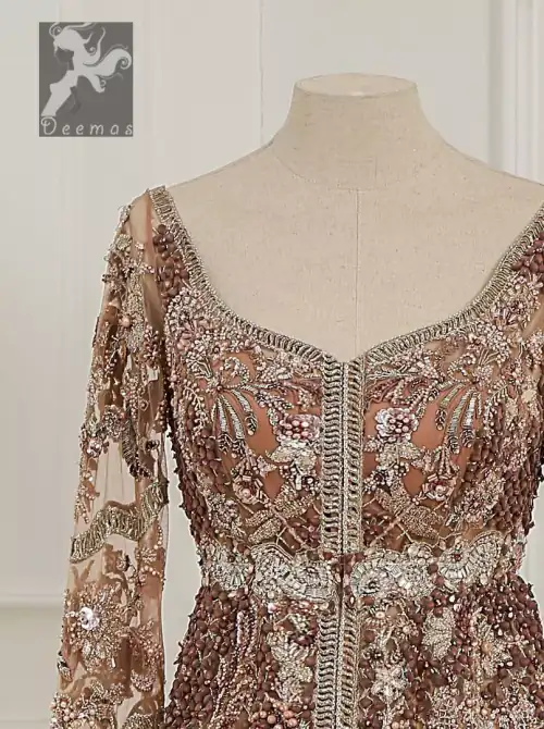 Light brown front open net maxi having brandy rose bodice. Maxi adorned with brown, light golden, champagne and silver embellishment.