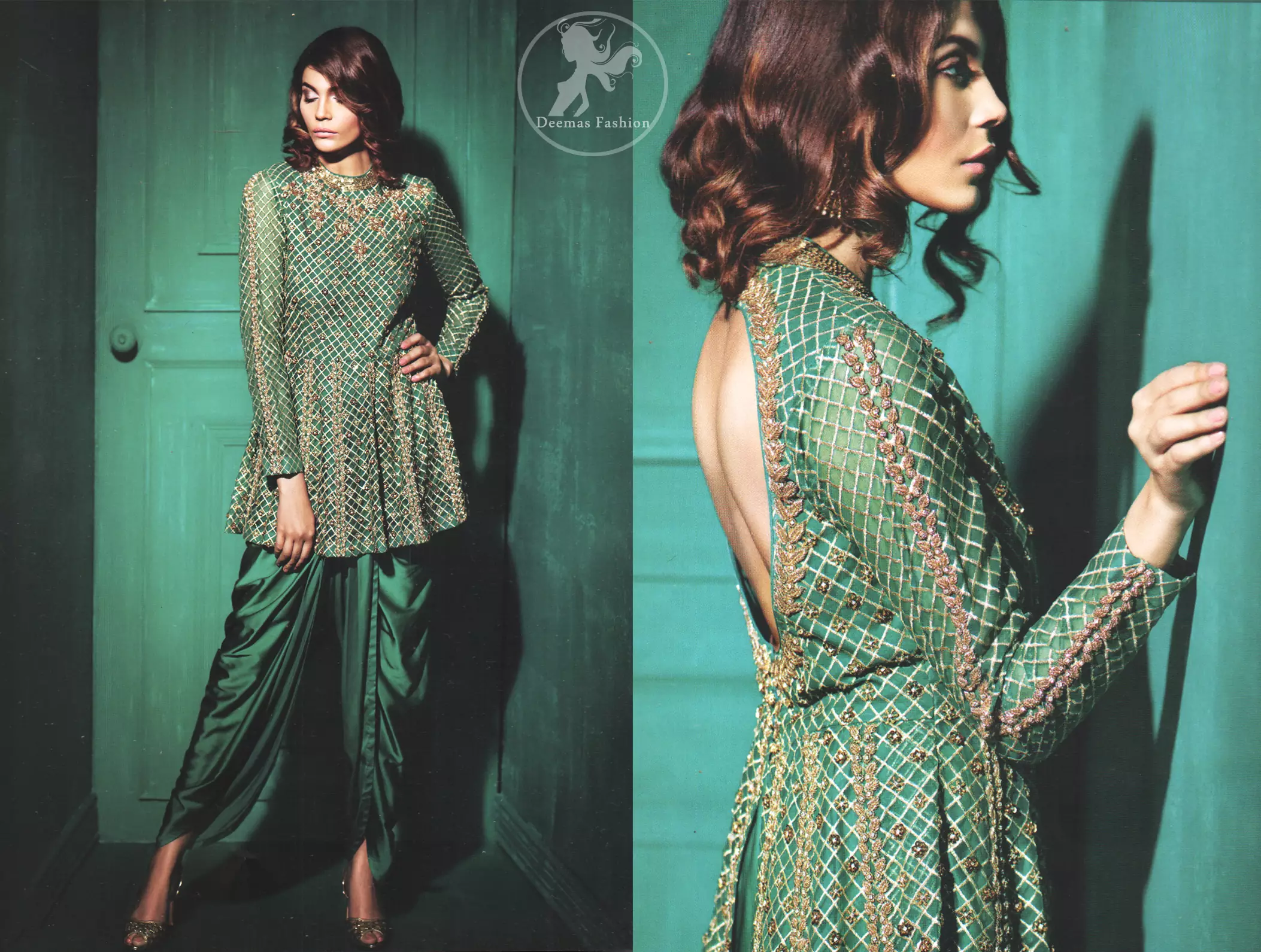 Party wear teal green peplum made with organza. Peplum having beautiful gold and antique hand embellishment. Peplum comes silky tulip and net dupatta.