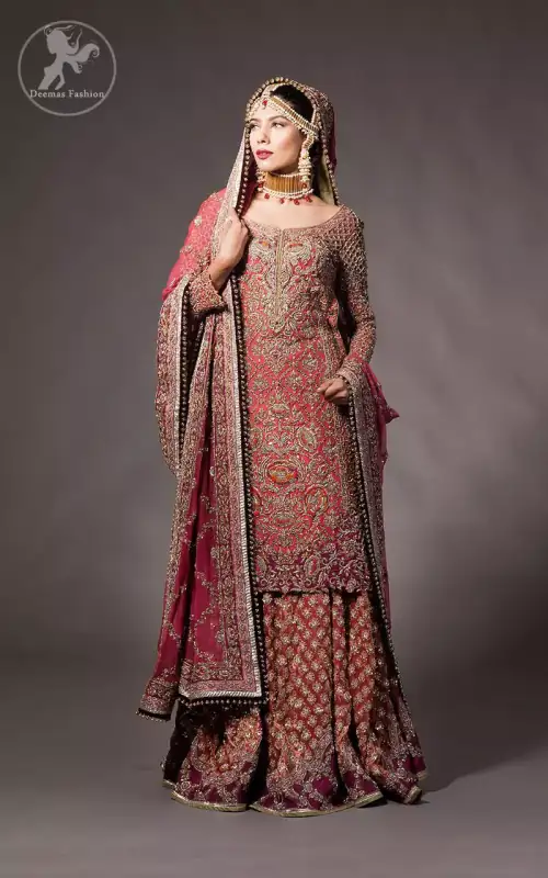 Tea rose fully embellished shirt with plum applique border on hemline. Plum dupatta adorned with tea rose and silver appliques