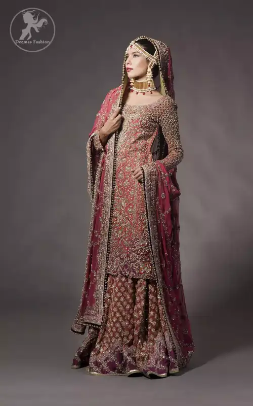 Tea rose fully embellished shirt with plum applique border on hemline. Plum dupatta adorned with tea rose and silver appliques