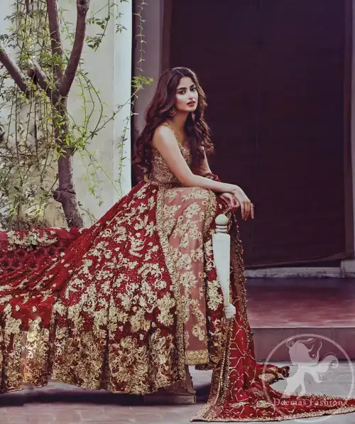 Frock having intricately embellished brown bodice and deep red frock embellished with tea pink, golden and brown shaded kora, dabka,