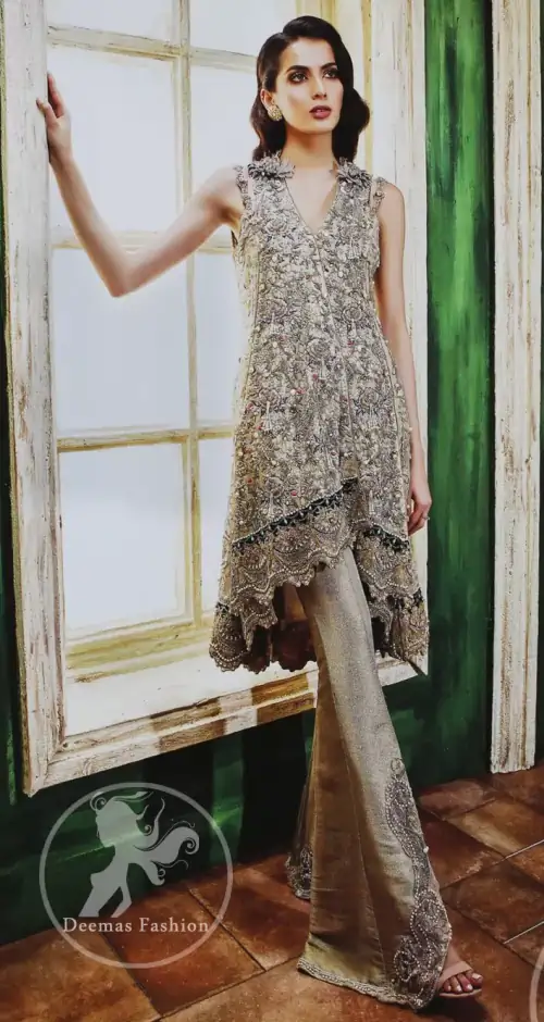 Grey olive floral embroidered high and low front open short frock. Frock is finessed with kora, dabka, pearls, sequins and