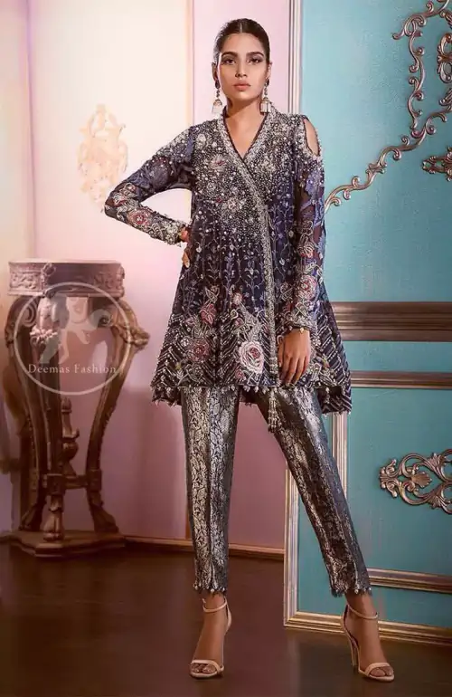 Quebec Blue Angrakha Style Short Frock Brocade Trousers