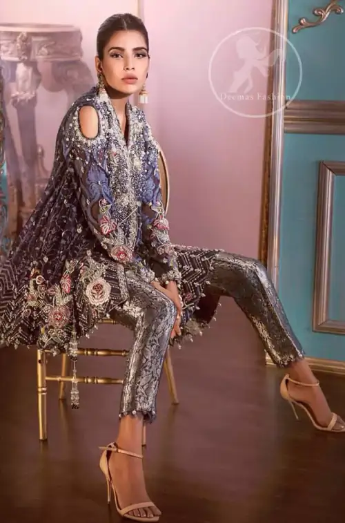 Quebec Blue Angrakha Style Short Frock Brocade Trousers