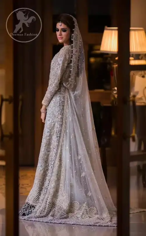 Light Gray Front Open Pishwas Blue Applique