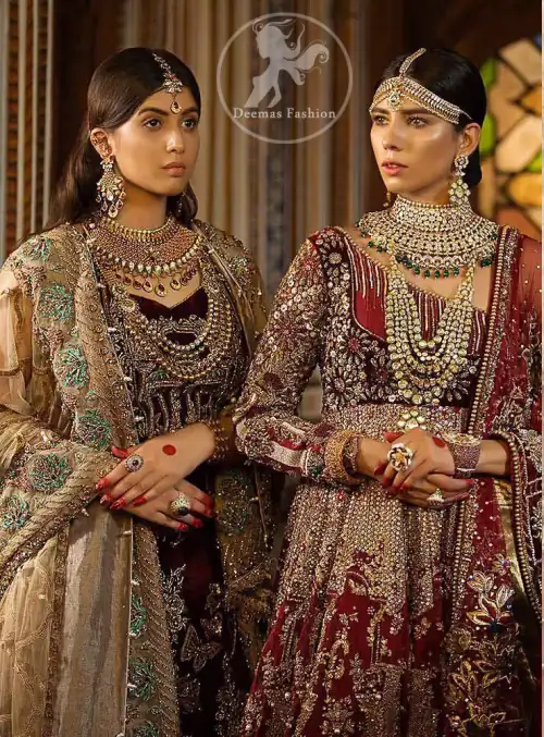 This maroon angrakha frock heavily embellished in the front with silver gold kora dabka, kundan and stones work. One side