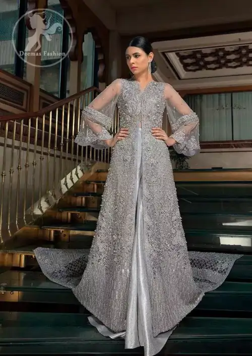This dress is timeless beauty. Light gray, dress with heavy embellishment with swarovski crystals and silver work in sequins, kundan