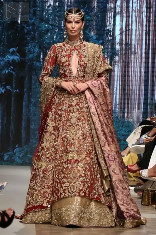 Maroon Floor Length Maxi - Golden Lehngha