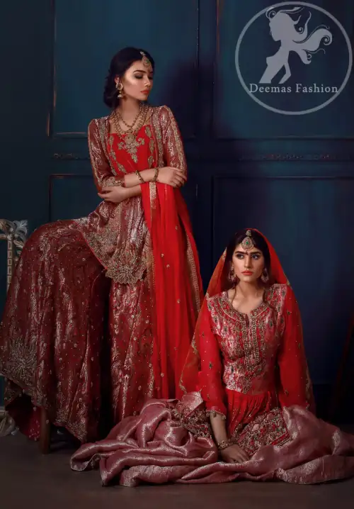 This dress is beautifully decorated with heavy embroidery. It is highlighted with kora, dabka, tilla, sequins and pearls. It comes