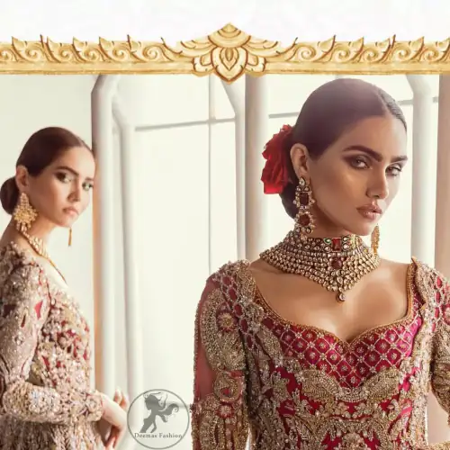 This bridal dress is perfect for your special day. Beautifully decorated with floral embroidery and embellished scalloped border. It is