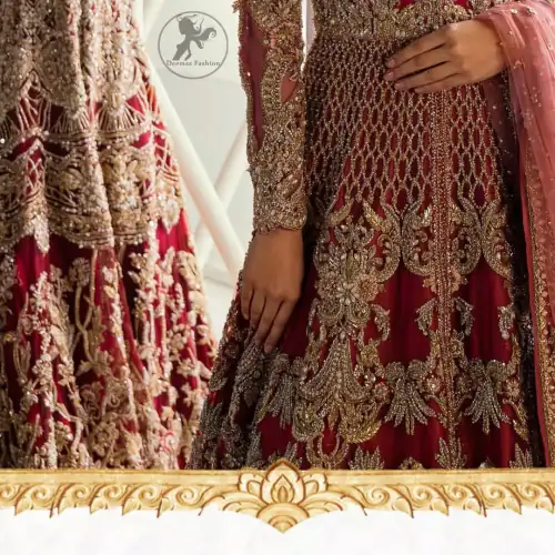 This bridal dress is perfect for your special day. Beautifully decorated with floral embroidery and embellished scalloped border. It is