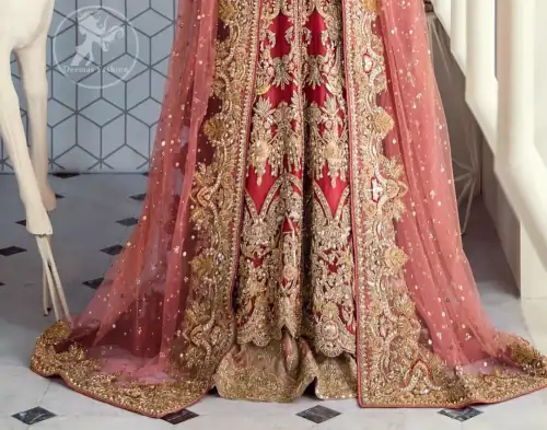 This bridal dress is perfect for your special day. Beautifully decorated with floral embroidery and embellished scalloped border. It is