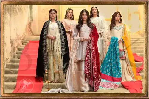 This outfit is beautifully sculptured with floral embroidery. It is further enhanced with kora, dabka, tilla, sequins and pearls. The