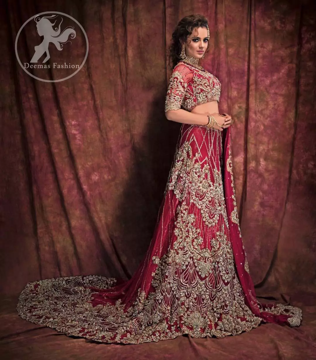 Exude glamour in this trendy lehnga with light golden and silver embroidery instantly draws attention. The blouse is enhanced with golden and silver kora, dabka, tilla, swarovski crystals and zardozi embroidery and a beautiful embellished motifs on the sleeves. Complete the look with artfully coordinated lehenga which is ornamented with a bold and captivating back trail design with a traditional intricate embroidered. The dupatta incorporates beautifully designed borders on all four sides and scattered sequins on the ground that gives the right amount of glamour to the outfit.