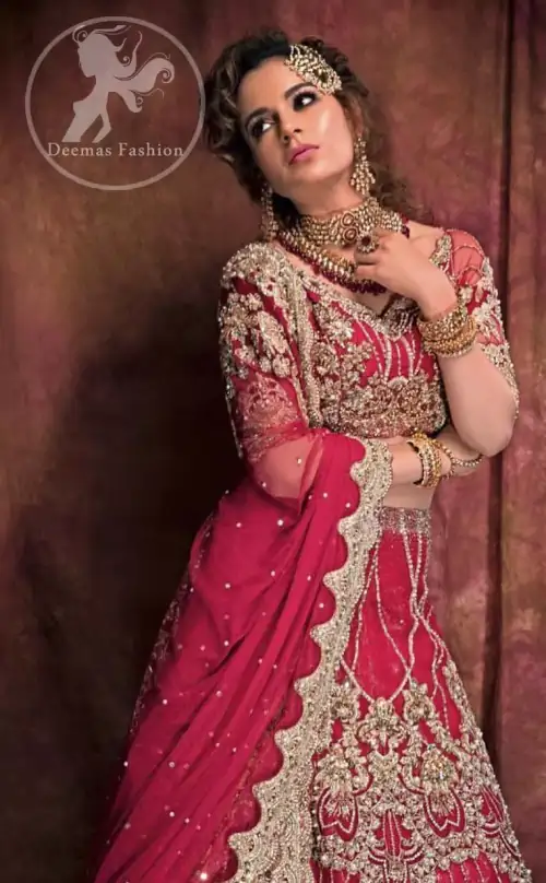 This dress is beautifully decorated with heavy embroidery. It is highlighted with dull golden kora, dabka, tilla, sequins and pearls.