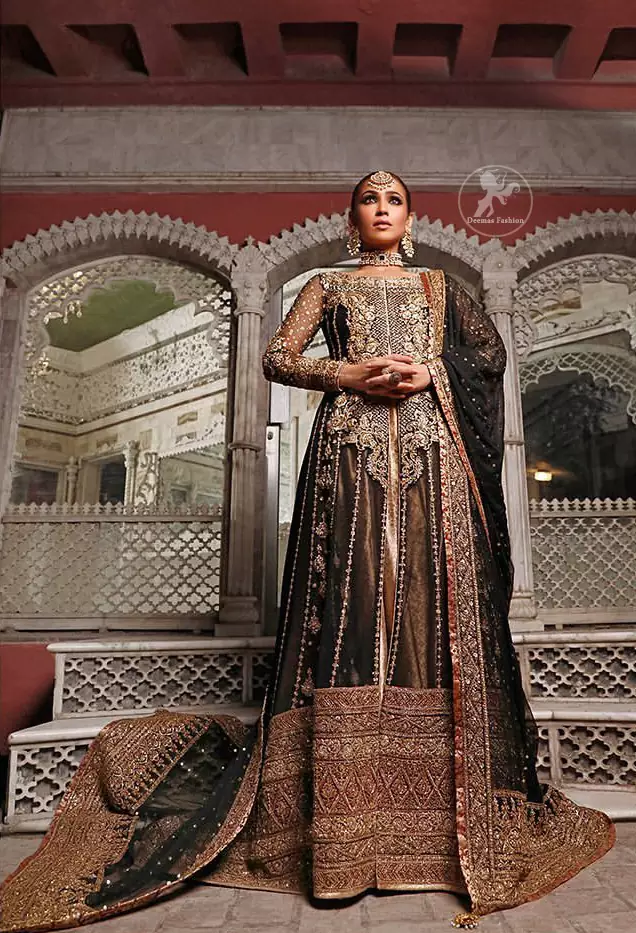 Epitomize whimsical elegance in this front open gown adorned with applique borders and multiple panels. It is further enhanced with kora, dabka, tilla, sequins and pearls. It is allured with atlas brocade inner which adds to the look. It comes with brocade pajama. It is coordinated with chiffon dupatta having four sided embellished applique.