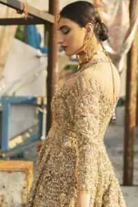 Latest Pakistani Bridal Wear - Golden Embroidered Frock Red Wine Lehenga