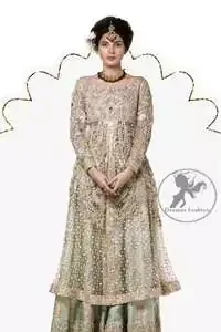 Tea Pink Front Open Net Shirt Sharara Dupatta