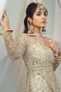 Dull Golden Floor Length Shirt White Trouser Pants & Dupatta