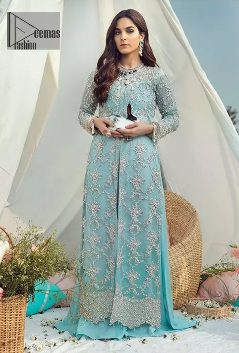 Ferozi Front Open Long Shirt n Inner Maxi Dupatta for Nikah - Wedding Shop  - Wedding Guest Dresses 2024 - Pakistani Bridal Gowns
