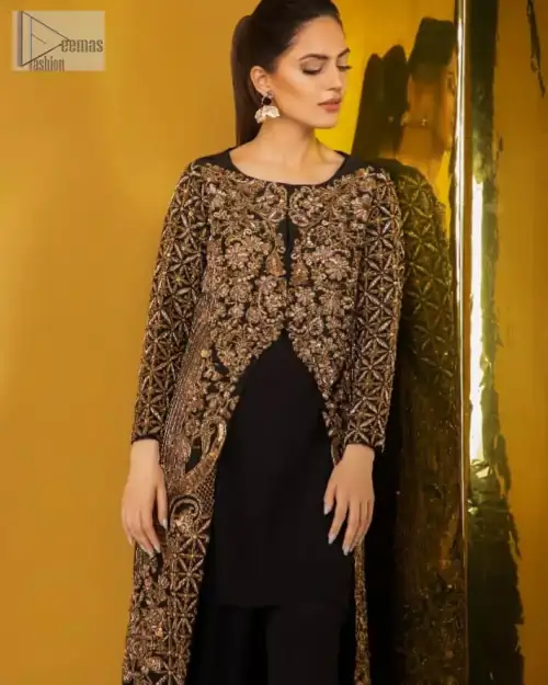 Perfected with antique gold and dark antique embellishments this black velvet ensemble is timeless masterpiece in to a chic fantasy.