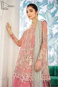 Let the crowd stare and make it worth their while when you walk wearing this outfit. A perfect ensemble for this festive season with divine detailing of thread embroidery, color balance and well-crafted applique hemline. The front open frock is fully embellished with floral embroidery done with light golden zardozi work and thread embroidery. It comprises with pink self fabric sharara and mint green dupatta, adorned with sequins spray on the ground and embellished pink applique pallu. You would definitely want to wear this for your next occasion.