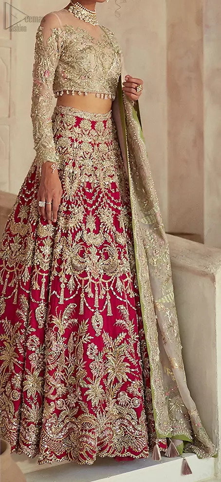 The lehenga is an amalgamation of a variety of our signature motifs, fine materials, and traditional yet contemporary silhouettes. Crafted from the prettiest zardozi work. Paired it up with off white self-fabric dupatta having a four-sided embroidered border.