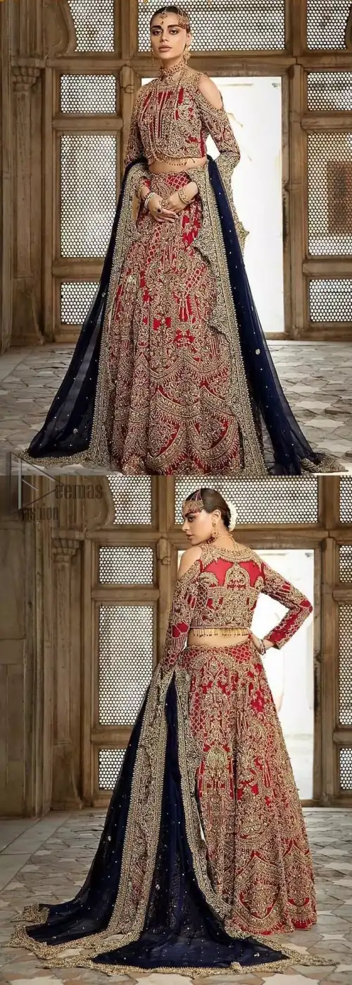 A breathtaking red traditional lehenga paired with a detailed blouse, equally alluring make for an ensemble which is comfortably chic.