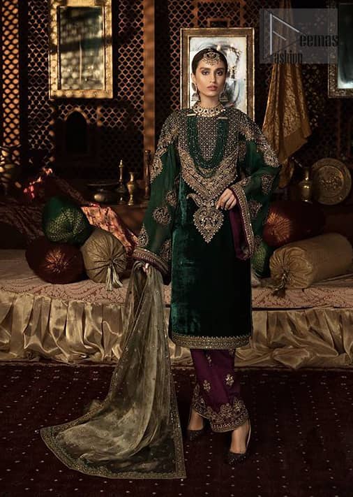 Let the crowd stare and make it worth their while when you walk wearing this beautiful outfit. The shirt carries intricate zardozi embroidery in antique and dark antique shades. Upholding the idea of simple is beautiful, you would definitely want to wear this for your next occasion. Complement the look with plum trousers enhanced with embroidered border in shades ofantique. Style it up with olive green dupatta sprinkled with sequins and four sided embroidered borders.