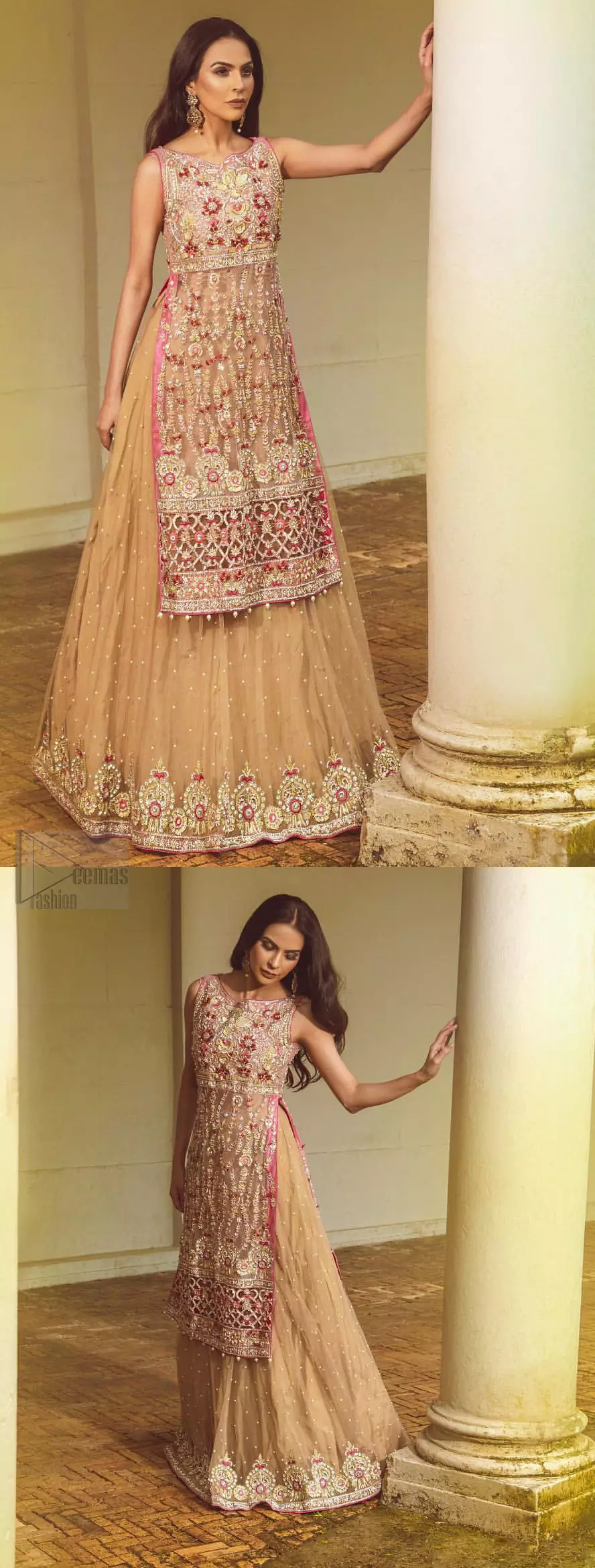 Steal the show with this endearing chiffon outfit with intricate yet rich embroidery. Crafted artfully with detailed multiple color thread embroidery on the bodice and traditional finessed work with kora, dabka, tilla and sequins. Hemline is intricately done with cut work and dangling balls, rest of the shirt is enhanced with floral bunches. Pair it up with fawn lehenga emphasized with different sized circular embroidered motifs at the bottom done with zardozi work to gave it a perfect look. Pair it up with fawn dupatta having four sided embellished borders and sprinkled with sequins all over the ground.