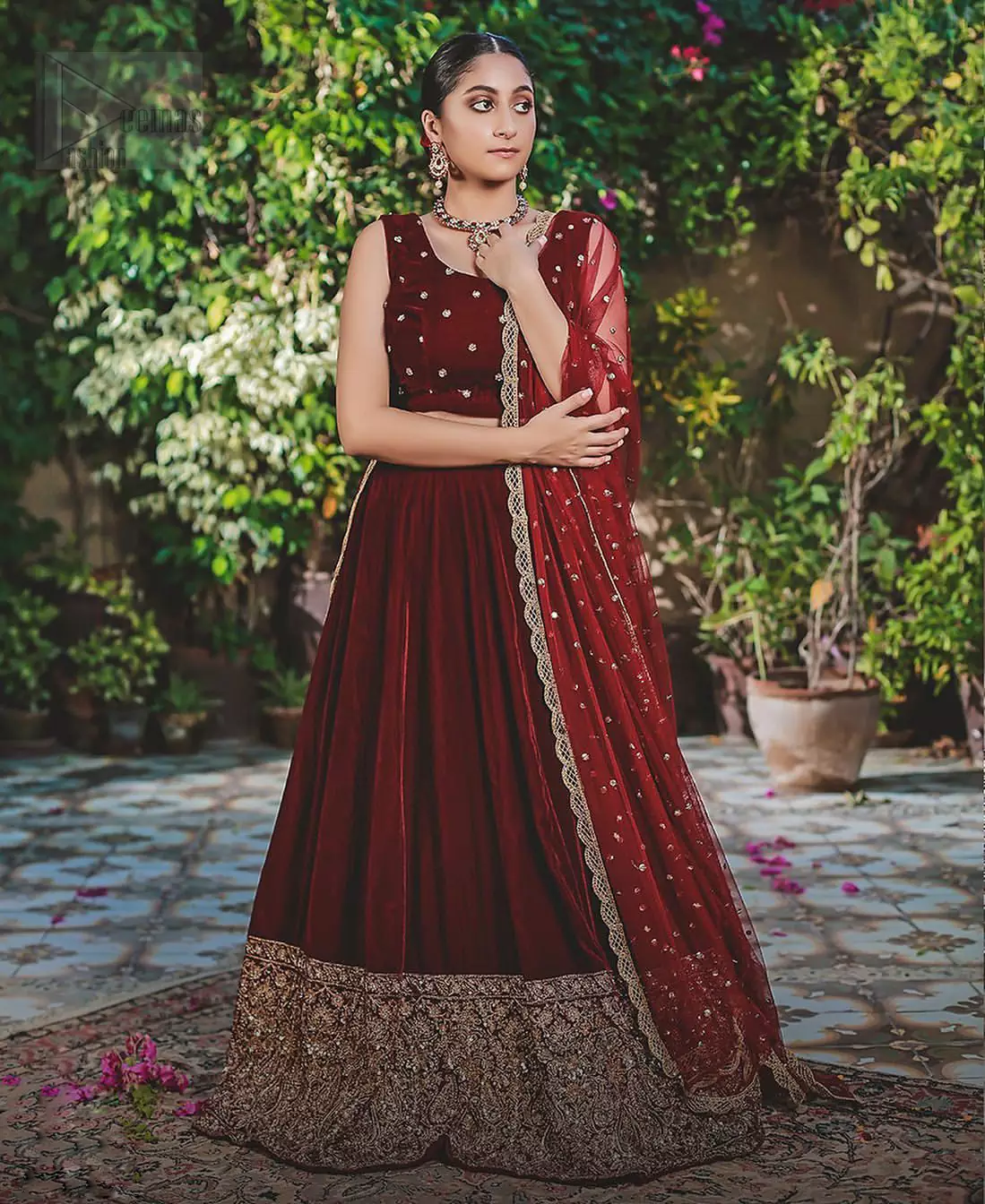 Pakistani Formal Wear - Maroon Velvet Lehenga Blouse