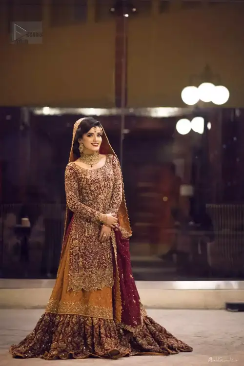 Pakistani Reception Wear - Maroon Shirt – Rust and Maroon Lehenga. You are all set to make a lasting impact