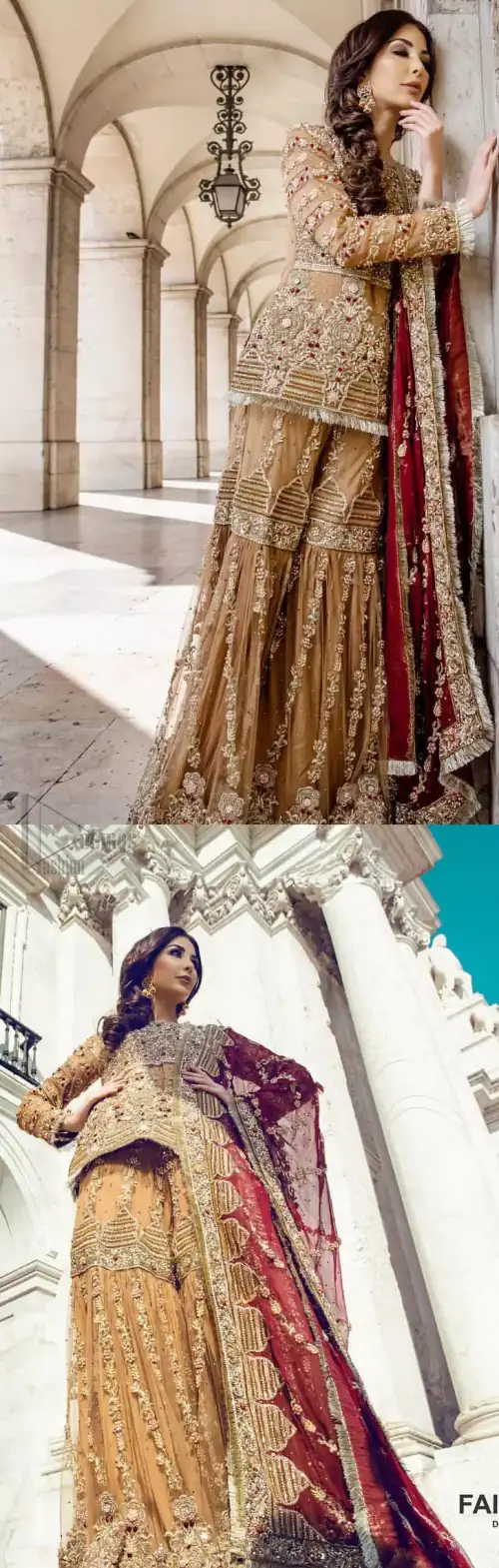 Picturing your bridal in a glowing fawn color. Featuring beautiful handwork, this outfit has a delicate arrangement of hand embellished