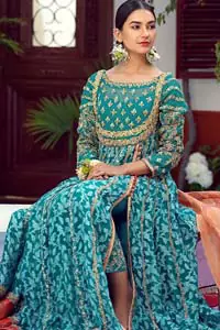 Sea Green Pishwas Frock – Capri Pants Light Mehndi Wear