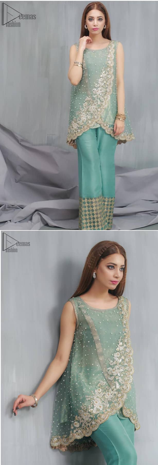 An example of beauty and elegance. Look breathtakingly stylish in this embroidered regalia furnished. This Sea Green having silver and gold work, created by artisans with hand-done zardozi using Resham, nakshi, sequins, semi precious stones, and pearls.