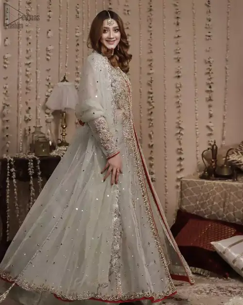 Mint Green Front Open Gown - Banarsi Lehenga