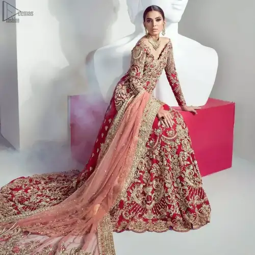 Red Back Train Lehenga Shirt – Tea Rose Dupatta