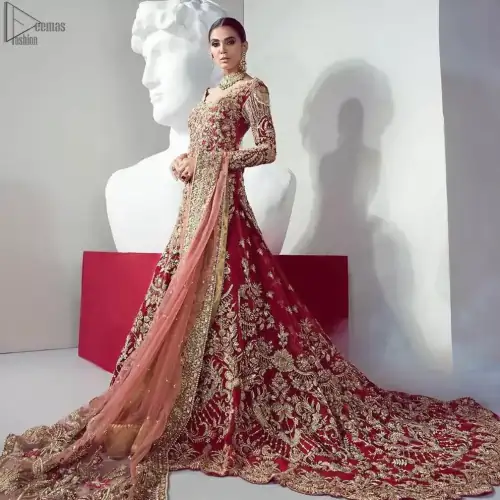 Red Back Train Lehenga Shirt – Tea Rose Dupatta