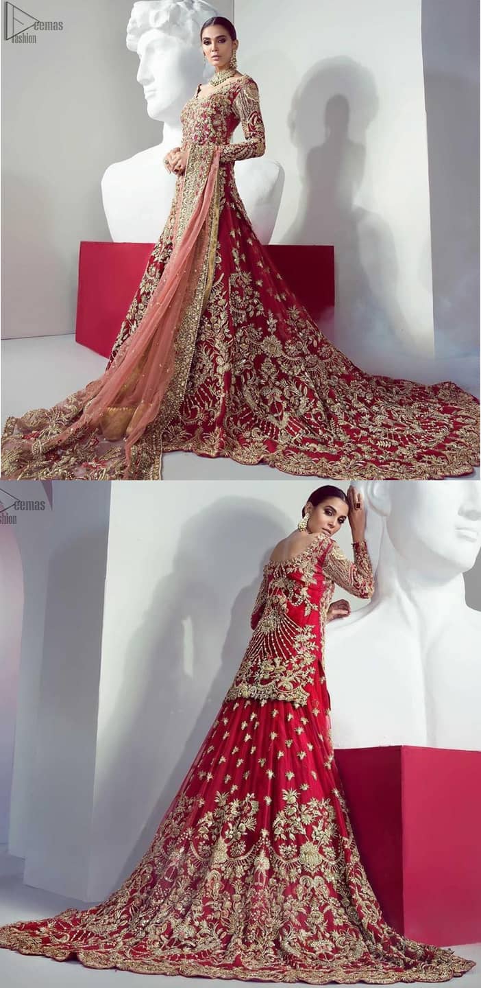 Discover your inner charm with this ravishing short shirt and Lehenga adorned with floral jhaal all over the front.