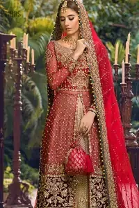 Red Back Train Shirt - Golden Lehenga