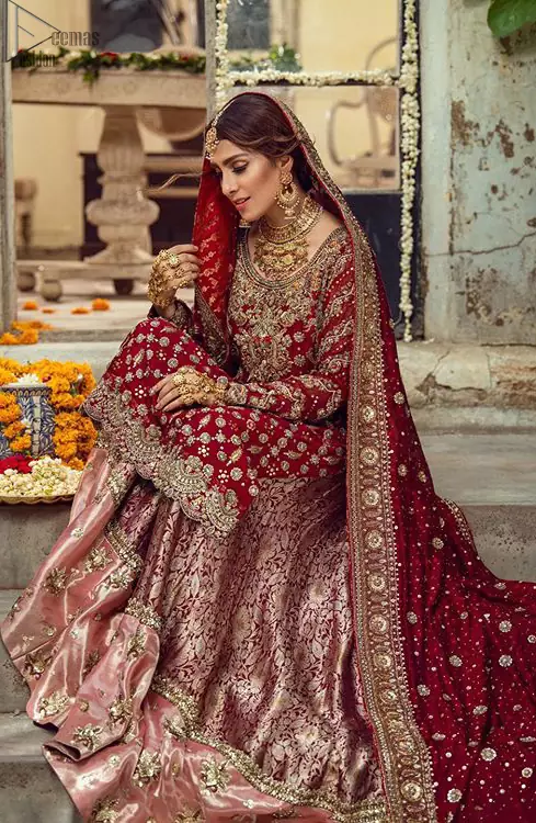 Red Strait Pakistani Bridal Shirt - Banarsi Tissue Sharara
