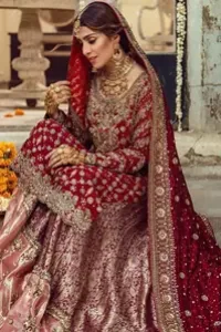 Red Strait South Asian Bridal Shirt - Banarsi Tissue Sharara