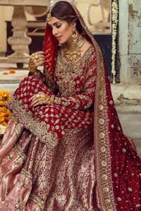Red Strait Pakistani Bridal Shirt - Banarsi Tissue Sharara