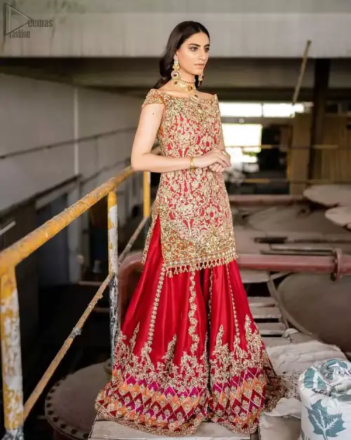 Red Off Shoulder Short Shirt - Chatta Patti Sharara n Dupatta