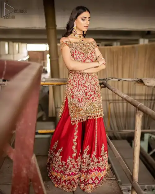 Red Off Shoulder Short Shirt - Chatta Patti Sharara n Dupatta