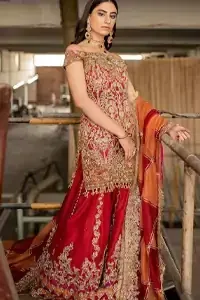 Red Off Shoulder Short Shirt - Chatta Patti Sharara n Dupatta