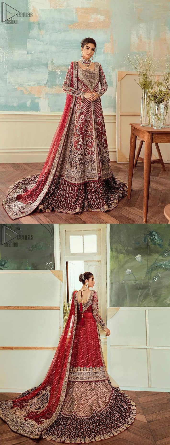 Deep red jacket gown having inner velvet blouse with maroon back train lehenga and heavily embroidered dupatta.