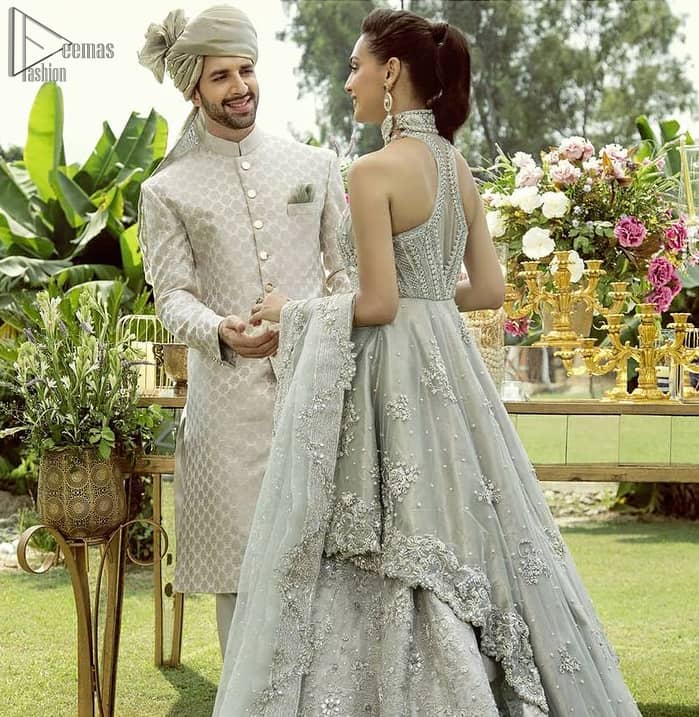 Elegance is personified when it gets paired up with a pastel green dupatta having chann and applique finishing all around the edges.